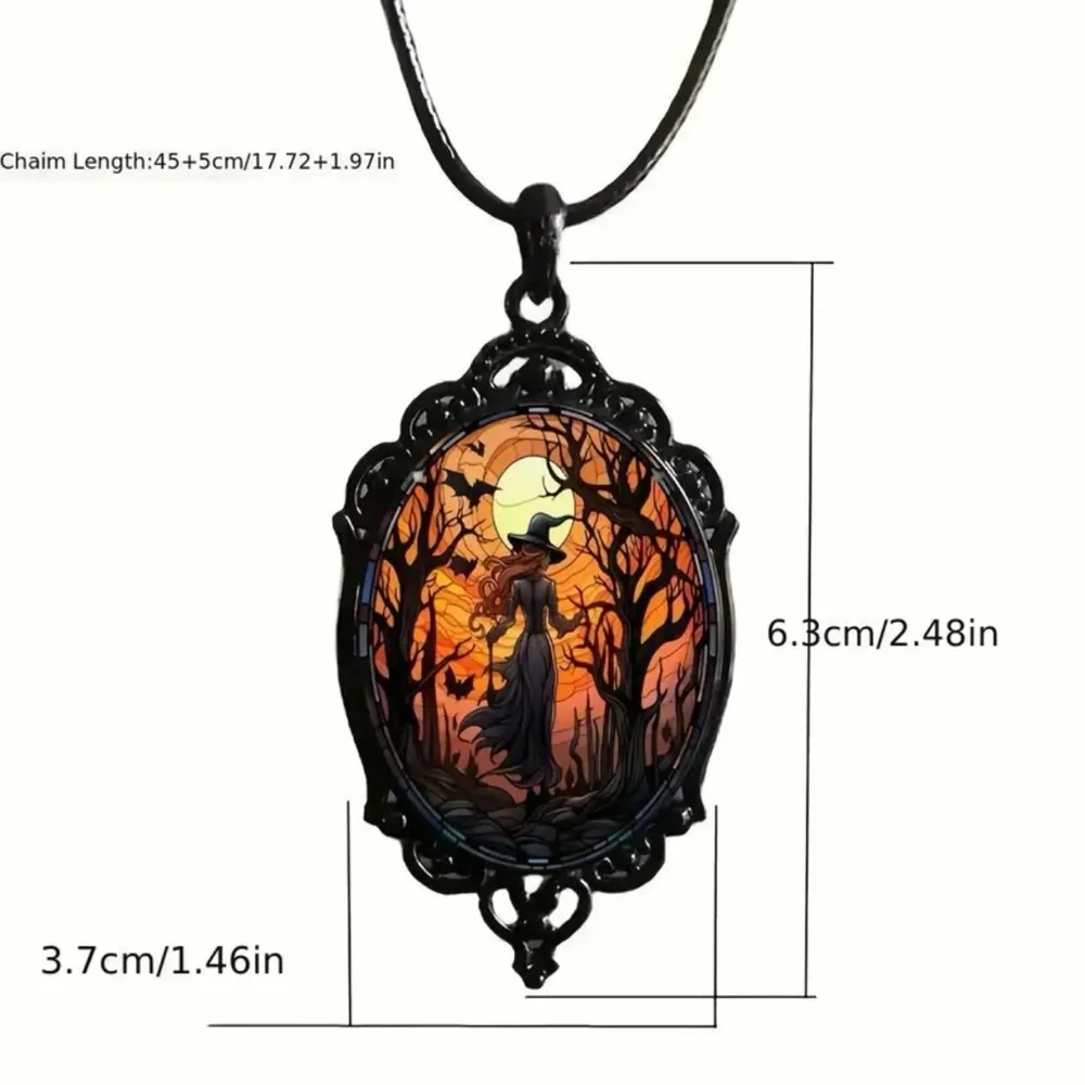 Retro Style Bat Witch Pendant Cameo Black Pendant  Necklace Gothic Glass Pendant